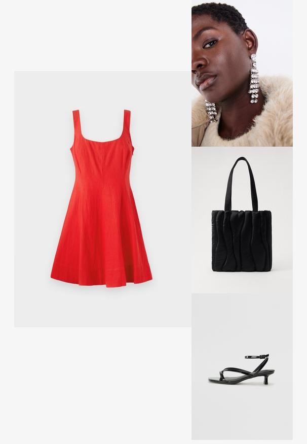 Červené ľanové šaty bez rukávov so štvorcovým výstrihom, priliehavým telom a rozšírenou sukňou. Hladká textura, minimalistický dizajn a žiadne viditeľné detaily.; Čierne lakované sandále s nízkym opätkom, s kríženými remienkami a nastaviteľným remienkom okolo členka. Hladký, lesklý povrch.; Čierna taška na rameno vyrobená z polstrovaného materiálu, s vlnitou textúrou, dvoma pevnými ušami a obdĺžnikovým tvarom. Jednoduchý, moderný dizajn.; Strieborné visacie náušnice s viacerými čírymi kamienkami, s kaskádovým dizajnom a textúrovanými povrchmi, umiestnené na neutrálnom pozadí.
