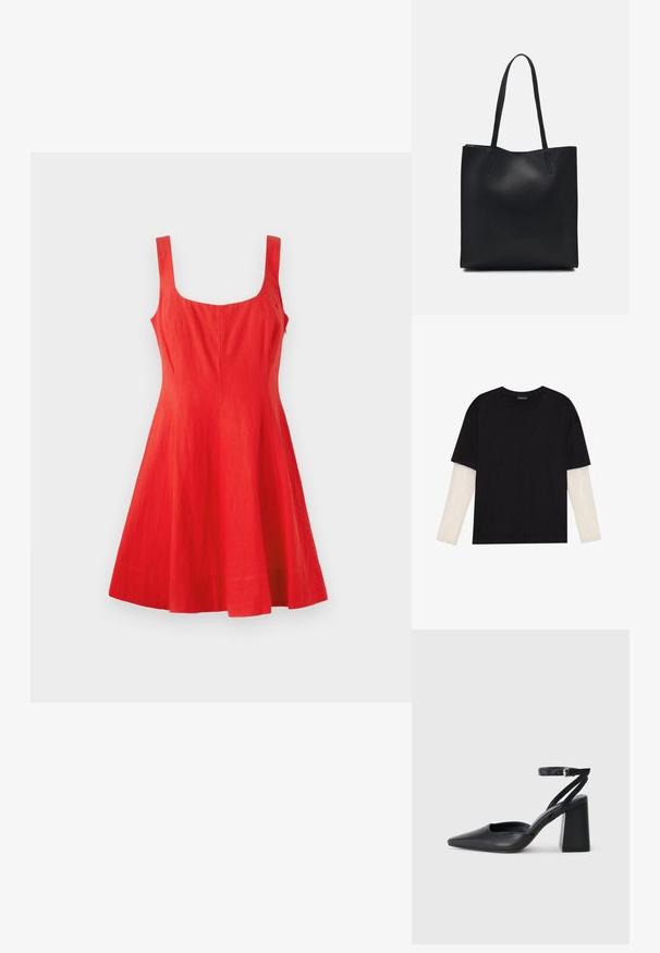 Červené ľanové šaty bez rukávov so štvorcovým výstrihom, priliehavým telom a rozšírenou sukňou. Hladká textura, minimalistický dizajn a žiadne viditeľné detaily.; Čierne tričko z bavlny, s krátkymi rukávmi cez biele tričko s dlhým rukávom, s jemným textúrovaným vzorom. Design s okrúhlym výstrihom.; Čierne kožené lodičky s špicatou špičkou a členkovým remienkom, s masívnym podpätkom. Hladký povrch, elegantný dizajn a minimalistická estetika.; Čierna kožená taška na rameno s hladkým povrchom, obdĺžnikovým tvarom a dvoma dlhými uchami. Bez viditeľného kovania alebo ozdôb.