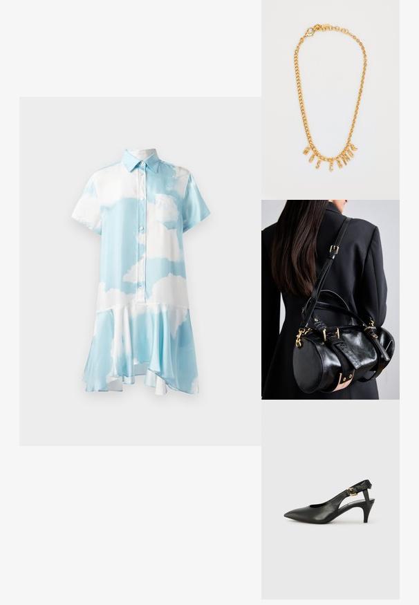 Sukienka z krótkim rękawem i kołnierzykiem w jasnoniebieskim kolorze w białe chmurki, z zapięciem na guziki i rozszerzanym dołem, zapewniającym zwiewny fason.; Czarne skórzane szpilki slingback z ostrym noskiem, małym obcasem i zapięciem na klamrę przy pasku kostki. Gładka tekstura, minimalistyczny design.; Czarna skórzana torebka o zaokrąglonym kształcie, z złotymi dodatkami i regulowanymi paskami. Akcenty z teksturowanej czarnej skóry oraz beżowe detale.; Złoty naszyjnik łańcuszkowy z literowymi zawieszkami, które tworzą napis "MOSCATO". Gładka tekstura z zapięciem typu lobster oraz ogniwami o różnej wielkości.