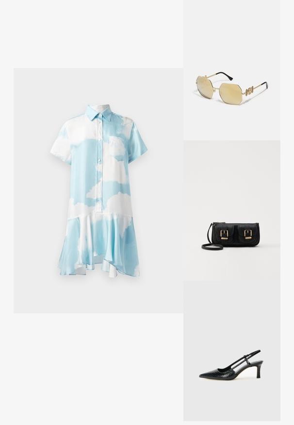 Rövid ujjú, galléros ruha világoskék színben, fehér felhőmintával, gombos záródással és fodros szegéllyel a lebegő sziluettért.; Fekete lakk slingback sarok, hegyes orral, texturált kígyómintával, állítható pánttal és rövid, texturált tömbsarkal.; Versace MEDUSA BIGGIE - Napszemüvegek - gold-coloured/gold-coloured; Fekete bőr keresztbody táska két elülső zsebbel, arany csattokkal, cipzáras záródással és vékony pánttal. Textúrált felület és kompakt téglalap alak.