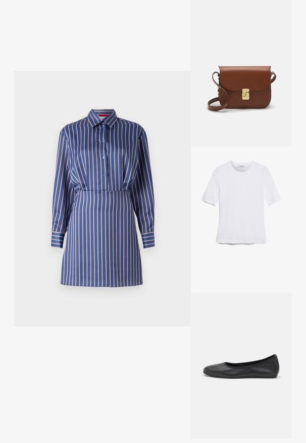 Košilové šaty v modro-krémovém pruhu s límečkem, knoflíkovou přední částí a dlouhými rukávy, s přiléhavým pasem a hladkou texturou.; Bílá tričko s krátkým rukávem vyrobené z žebrované tkaniny. Kulatý výstřih, normální střih a jemné detaily šití. Bez vzorů nebo grafik.; Černé kožené baletní byty s kulatou špičkou, hladkou texturou, minimálními švy a flexibilním designem podrážky.; Hnědá kožená kabelka s klopou, zlatými kovovými detaily, ramenním popruhem a hladkým povrchem. Kompaktní obdélníkový tvar.