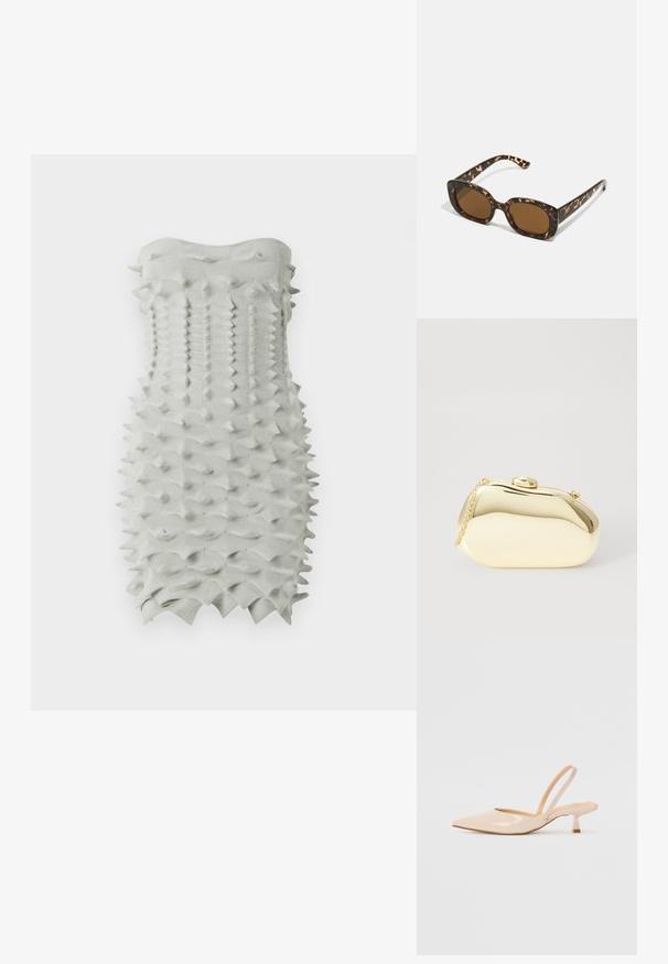Formu piestiprināta bezsānu kleita no teksturētas, gaiši pelēkas auduma ar ģeometrisku, izteiksmīgu rakstu visā apģērbā. Gluds augšējais malas apdare.; Bežīgas lakotas ādas slingback papēži ar smailu purngalu un šauru, kvadrātveida papēdi. Gluda tekstūra un minimālistisks dizains bez dekorēšanas elementiem.; Tērpu apvalka saulesbrilles ar noapaļotu, masīvāku rāmi un brūnām lēcām. Satur smalkas rakstības un taisnas, sašaurinātas kājas.; Metāliska zelta maciņš ar gludu, noapaļotu formu, aprīkots ar augšējo pogu aizdari un mazu ķēdes siksniņu ērtai nēsāšanai.