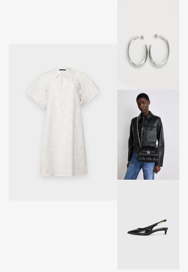 Hvit kortermet kjole med blomstermønster, knyttekrage, løs passform og intrikate utskjæringer over hele stoffet.; Sorte lærreim hæler med spiss tå, som har en slank hæl og en gullfarget detalj på den justerbare stroppen. Glatt tekstur.; Svart skinnjakke med knappelukking og to frontlommer, sammen med en svart kviltet håndveske med gullspenne og kjedehank.; Sølvøreringer med en jevn, buet design. Har en blank metallisk finish og en studlås. Ingen synlige mønstre eller aksenter.