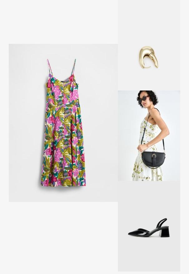 Maksi obleka z živobarvnim cvetličnim vzorcem v roza, zeleni in modri barvi, nastavljivimi tankimi naramnicami in sprednjim zapenjanjem na gumbe.; Črne lakirane slingback pete s koničastim nosom in geometrijsko blokasto peto. Imajo eleganten, minimalističen dizajn in gladko teksturo.; Črna usnjena torbica s ukrivljeno obliko, z odstranljivo naramnico in zlatimi dodatki. Torbica ima pokrov s podrobnostmi v obliki zaponke.; Uhane nakit iz zlatastega tona z gladko, ukrivljeno zasnovo. Ima edinstveno koničasto obliko, polirano površino in zaponko s tečajem.