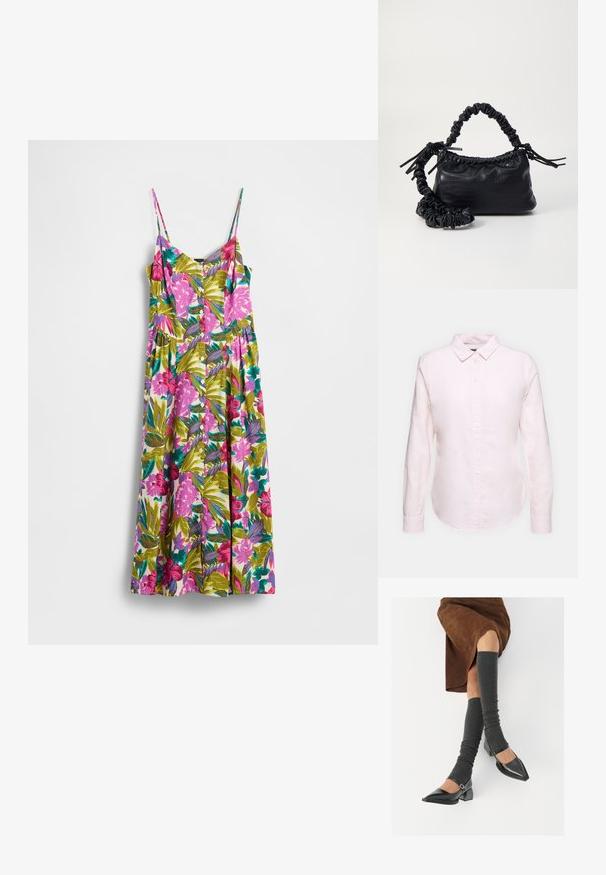 Robe longue à motif floral coloré avec des nuances de rose, vert et bleu, bretelles spaghetti réglables et un devant avec boutons.; Chemise à manches longues rose clair avec un col boutonné, dotée d'un ourlet droit et d'une texture douce, fabriquée en coton léger.; Chaussures à bout pointu en cuir verni noir avec un talon bloc et une bride à la cheville, accompagnées de jambières en maille grise et d'une jupe en daim marron.; Sac à main en simili cuir noir avec une texture crocodile, un dessus resserré et une sangle froncée. A l'apparence douce et compacte.