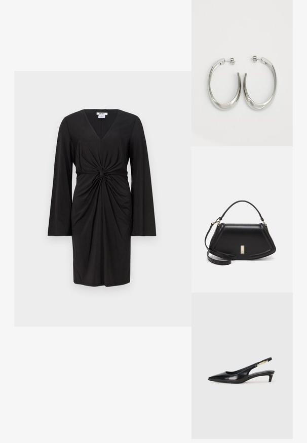 Svart kjole med lange ermer, V-hals og en samlet tvistdetalj i midjen. Glatt stoff med en tettsittende silhuett.; Sorte lærreim hæler med spiss tå, som har en slank hæl og en gullfarget detalj på den justerbare stroppen. Glatt tekstur.; Sort lærveske med en strukturert design, som har en avkortet form, topphåndtak og detaljer i gull. Justerbar skulderstropp inkludert.; Sølvøreringer med en jevn, buet design. Har en blank metallisk finish og en studlås. Ingen synlige mønstre eller aksenter.