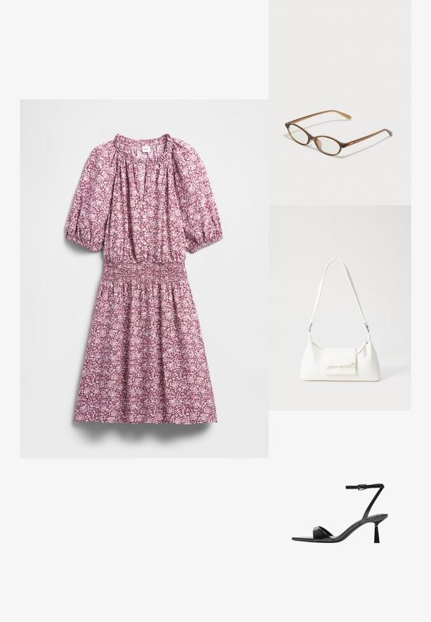 Florales Kleid in Rosa- und Weißtönen mit geraffter Taille, Puffärmeln, Knopfleiste vorne und weicher Stoffstruktur.; Bershka High Heel Sandalette - black; Braune Schildpatt-Brille mit ovalen Gläsern, dünnen Bügeln und transparenten Akzenten. Verfügt über ein dezentes Logo am Bügel. Elegantes, leichtes Design.; Weiße synthetische Handtasche in dreieckiger Form, flache Vorderklappe und Schleifendetail, verstellbarer Trageriemen, glatte Textur und minimalistisches Design.