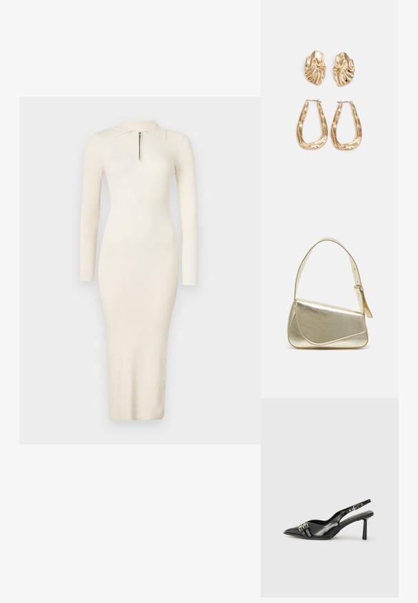 Žebrované krémové šaty s dlouhým rukávem, polo límečkem a předním zipem; těsný střih s midi délkou. Měkká, elastická tkanina.; Černá lakovaná slingback obuv s špičatou špičkou, kotníkovými pásky s kovovými sponami a příslušenstvím, a štíhlým podpatkem.; Zlatá metalická kabelka se strukturovaným designem, hladkým povrchem a nastavitelným popruhem. Disponuje unikátním trojúhelníkovým tvarem a minimalistickým prošitím.; Náušnice ve zlatém tónu s texturovanými, vlnitými tvary. Obsahují sochařské klipy a design otevřeného kruhu s kladivkovým povrchem.