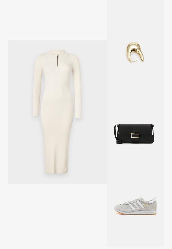 Abito cremoso a maniche lunghe con costine, colletto a polo e zip frontale; silhouette aderente con lunghezza midi. Tessuto morbido e elastico.; Sneaker grigio chiaro realizzato in suede e rete, con tre strisce bianche, punta arrotondata e suola in gomma color caramello. Accento del logo dorato vicino ai lacci.; Borsa a mano in pelle nera con patta e dettaglio in metallo dorato. Include una tracolla nera e un design elegante e minimalista.; Orecchino in metallo color oro con un design elegante e curvo. Presenta una forma appuntita distintiva, superficie lucida e chiusura a cerniera.