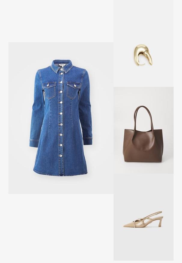 Denim obleka v srednji modri barvi, z ovratnikom, dolgimi rokavi, sprednjim gumbom in dvema žepoma na prsih z metalnimi detajli.; Bež lakirane usnjene čevlje s slingbackom in konico, prilagodljivi trakovi ter 6 cm blok peto. Vključuje dekorativne srebrne akcentre.; Rjava usnjena torba z dvema dolgima ročajema, strukturirane oblike, gladke teksture in minimalisticnega dizajna. Ni vidne strojne opreme ali dodatkov.; Uhane nakit iz zlatastega tona z gladko, ukrivljeno zasnovo. Ima edinstveno koničasto obliko, polirano površino in zaponko s tečajem.