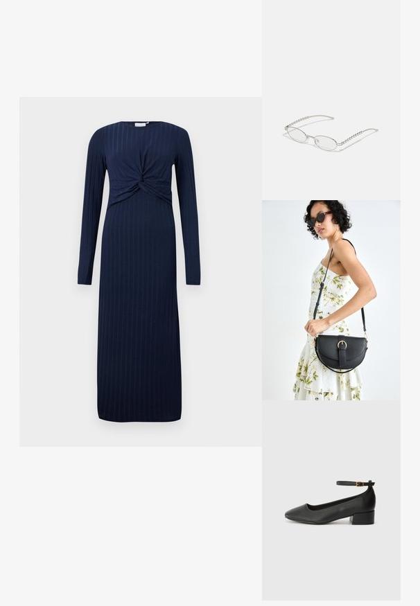 Mörkblå långärmad klänning med en snodd detalj framtill, med ribbad textur och en rak silhuett som når golvet.; Svart läderpump med spetsig tå och en låg klack. Har en ankelsnodd med en guldtonad spänne. Slät textur.; Ovala glasögon med en metallisk silverram, klara linser och texturerade pärlaccenter på templets sidor. Lättviktsdesign med böjda skaft.; Svart läderhandväska med en böjd form, avtagbar rem och guldiga detaljer. Väskan har ett lock med en spänndetalj.
