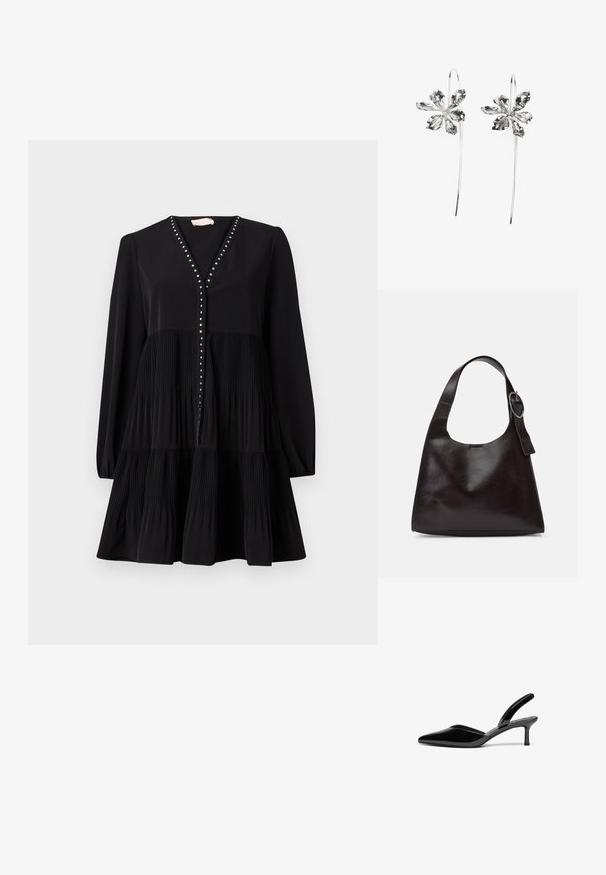Sort kjole med V-udskæring, lange ærmer og en lagdelt plisseret nederdel. Har dekorative nitter langs knapfronten. Glat tekstur.; Sorte patentlæder slingback hæle med spids tå, lav stiletto hæl og et elegant, enkelt design uden pynt.; Brun læder skuldertaske med en glat tekstur, rund form, bred rem og cirkulært metalaccent på håndtaget.; Sølvringe formet som blomster med en struktureret overflade, der har lange kroge og kronblad-lignende detaljer for et indviklet design.