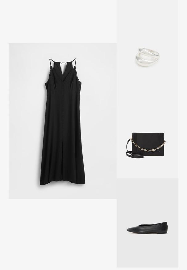 Schwarzes ärmelloses Kleid mit V-Ausschnitt, Spitzendetails an den Trägern und einem Schlitz vorne, gefertigt aus leichtem Stoff.; Schwarze Leder-Balletschuhe, spitze Zehenform, minimalistische Gestaltung, glatte Textur, niedriger Absatz, keine sichtbaren Beschläge oder Verzierungen.; Schwarze Leder-Crossbody-Tasche mit glatter Textur, rechteckiger Form und metallic-kettendetail auf der Vorderseite. Verstellbarer Gurt inklusive.; Silberner Doppelring mit einer glatten, polierten Oberfläche. Verfügt über ein fließendes, kurviges Design mit überlappenden Abschnitten für einen modernen Look.