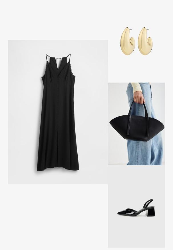 Schwarzes ärmelloses Kleid mit V-Ausschnitt, Spitzendetails an den Trägern und einem Schlitz vorne, gefertigt aus leichtem Stoff.; Schwarze Lackleder-Slingback-High Heels mit spitzem Schuh und einem geometrischen Blockabsatz. Verfügt über ein schlankes, minimalistisches Design und eine glatte Textur.; Schwarze Lederhandtasche mit einzigartiger Fächerform, ausgestattet mit flachen Griffen. Die Oberfläche hat eine genoppte Textur und ein minimalistisches Design.; Goldfarbene Ohrringe mit einer glatten, abgerundeten Form, einem polierten Finish und einem Stiftverschluss für sicheren Tragekomfort.