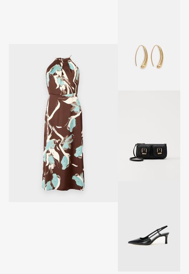 Rjava obleka s halter izrezom, ki se ponaša z vodno-barvnim cvetličnim vzorcem v kremni in svetlo modri barvi, z oprijetim pasom in ohlapno krilo.; Črne lakaste slingback pete s koničastim nosom, ki imajo teksturiran vzorec kačje kože, nastavljiv trak in kratek teksturiran blok peto.; Črna usnjena torbica čez ramo z dvema sprednjima žepoma, zlatimi zaponkami, zadrgo in ozkim pasom. Tekstura površine je strukturirana, obliko pa ima kompaktno pravokotno.; Zlato-tonirani kovinski uhani v obliki obroča s krivuljo in podolgovato obliko. Imajo gladko, sijočo površino in zaobljen vrh za dodaten detajl.