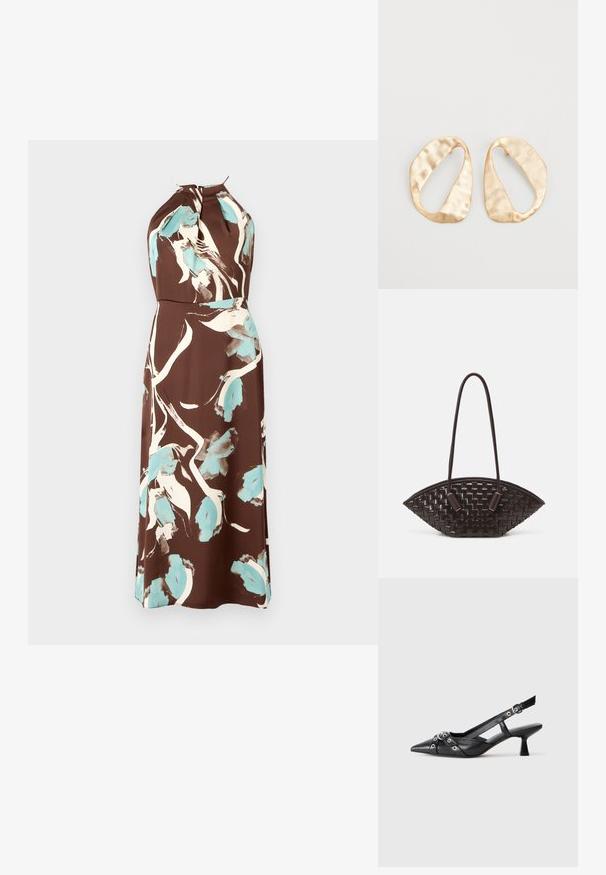 Braunes Neckholder-Kleid mit einem Aquarell-Blumenmuster in Creme und Hellblau, einer taillierten Passform und einem fließenden Rock.; Schwarzer Leder-Slingback-Schuh mit spitz zulaufender Zehenpartie, dekorativen Riemen mit METALLÖSEN und niedrigem Blockabsatz. Strukturelle Oberfläche.; THEMOIRè OLIMPIA - Handtasche - fondant; Ein Paar unregelmäßige, oval geformte Ohrringe aus goldfarbenem Metall mit einer strukturierten, leicht gehämmerten Oberfläche auf weißem Hintergrund.