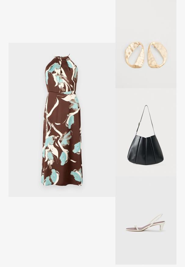 Brun halterneck-kjole med et akvarel-blomsterdesign i creme og lyseblå, med en tætsiddende talje og en svajende skirt.; Hvide slingback sandaler med en let hæl, tynde stropper og en glat læderoverflade; har en lille dekorativ spænde.; Sort læder skuldertaske med plisseret design, glat tekstur, enkelt strop og en diskret guldhardware accent.; Et par uregelmæssige ovalformede øreringe i guldtonet metal med en tekstureret, let hamret overflade på en hvid baggrund.