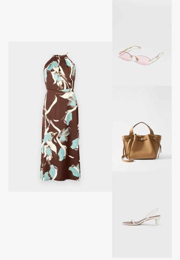 Bruine halternek jurk met een aquarel bloemmotief in roomwit en lichtblauw, met een getailleerde taille en een vloeiende rok.; Witte slingback sandalen met een lichte hak, dunne banden en een gladde leren textuur; voorzien van een kleine decoratieve gesp.; Gucci Zonnebril - gold-coloured/pink; Tory Burch ROMY PEBBLED SATCHEL - Handtas - tiramisu