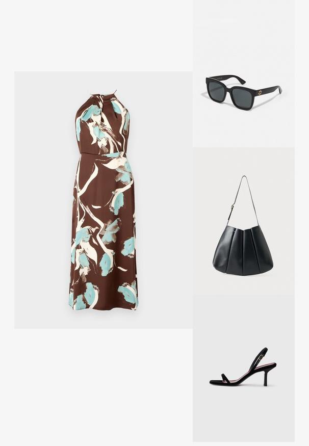 Ruda halter tipo suknelė su akvarelės gėlių raštu kreminės ir šviesiai mėlynos spalvos, turinti prigludusią liemenį ir plazdančią sijoną.; Juodas zomšinis moteriškas aukštakulnis sandalai su plonais dirželiais ir auksine sagtimi ant balto fono, šoninis vaizdas.; Juodos saulės akinių rėmeliai su stačiakampiais objektyvais, pasižymintys blizgiu paviršiumi ir auksinėmis logotipo detalėmis šventyklose. Tamsiai pilki objektyvai suteikia UV apsaugą.; Juodas odinis peties krepšys su raukšlėtu dizainu, lygia tekstūra, viena juosta ir subtiliu auksiniu akcentu.