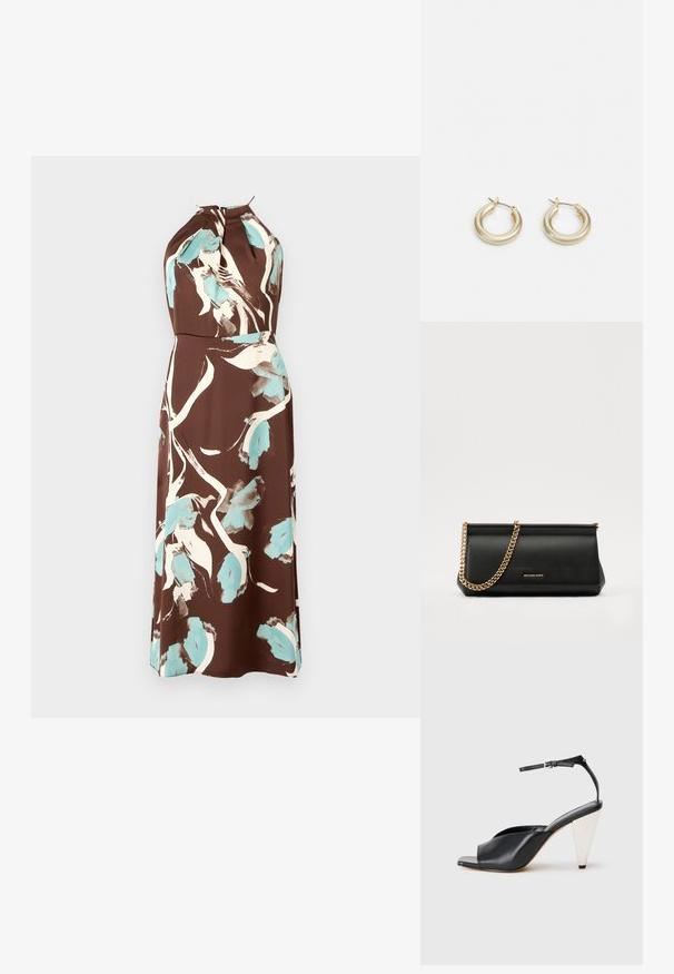 Brown halter neck dress featuring a watercolor floral pattern in cream and light blue, with a fitted waist and flowing skirt.; Black leather high heel sandal with open toe, asymmetrical design, ankle strap, and a metallic cone-shaped heel. Smooth texture throughout.; Black leather clutch bag with a gold chain strap, featuring a smooth texture, rectangular shape, and embossed branding on the front.; Lauren Ralph Lauren BASIC SMALL HOOP - Earrings - gold-coloured