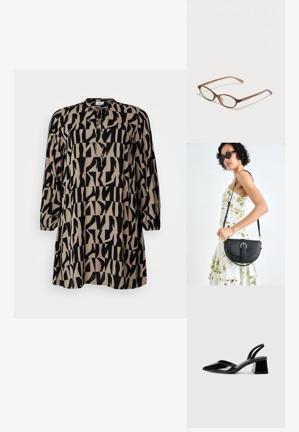 Hosszú, világos bézs tunika fekete absztrakt geometriai mintával, kerek nyakkivágással, háromnegyedes ujjal és laza fazonnal. Az anyag textúrált megjelenésű.; Fekete lakk bőr szandálkés magas sarkú cipő, hegyes orral és geometrikus tömbsarkakkal. Karcsú, minimalista dizájn és sima textúra jellemzi.; Barna teknős páncélmintás szemüveg, ovális lencsékkel, vékony szárakkal és átlátszó részletekkel. A templomon diszkrét logó található. Elegáns, könnyű dizájn.; Fekete bőrtáska ívelt formával, levehető pánttal és arany színű fémrészekkel. A táskán egy csattal díszített fedél található.