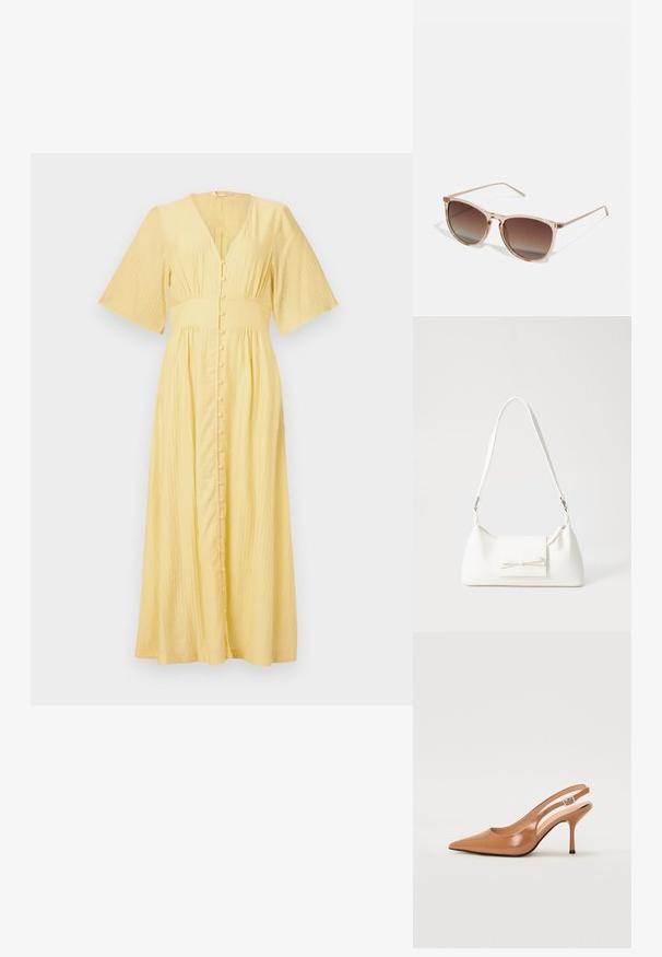Rumena maksi obleka z V-izrezom, kratkimi zvončastimi rokavi, sprednjimi gumbi in teksturirano tkanino. Ohlapno se spušča od pasu.; Slinčaste pete z ostro konico v gladkem, sijočem bež materialu. Imajo ukrivljen rez in vitko stiletto peto. Podrobnost s srebrno zaponko.; Rjavi gradient sončna očala s prozornim roza okvirjem, kvadratne oblike in tankimi kovinskimi ročaji. Imajo zaobljene robove in minimalne detajle.; Bela sintetična torbica v obliki trikotnika, z ravnim sprednjim poklopcem in detajlom mašne, nastavljivim trakom, gladko teksturo in minimalističnim dizajnom.