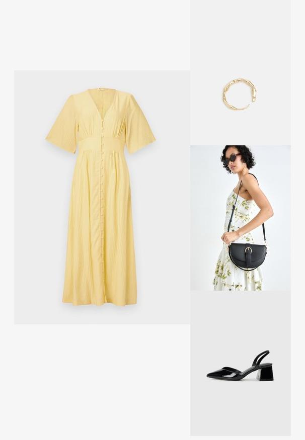 Gelbes Maxikleid mit V-Ausschnitt, kurzen Glockenärmeln, vorderem Knopfverschluss und strukturiertem Stoff. Fließt locker von der Taille ab.; Schwarze Lackleder-Slingback-High Heels mit spitzem Schuh und einem geometrischen Blockabsatz. Verfügt über ein schlankes, minimalistisches Design und eine glatte Textur.; Schwarze Lederhandtasche mit geschwungener Form, abnehmbarem Tragegurt und goldenen Beschlägen. Die Tasche verfügt über einen Deckel mit einer Schnallen-Details.; Goldfarbener Ring mit einem organischen, gedrehten Design, glatter Oberfläche und sich verjüngenden Enden, was ein modernes, skulpturales Erscheinungsbild erzeugt.