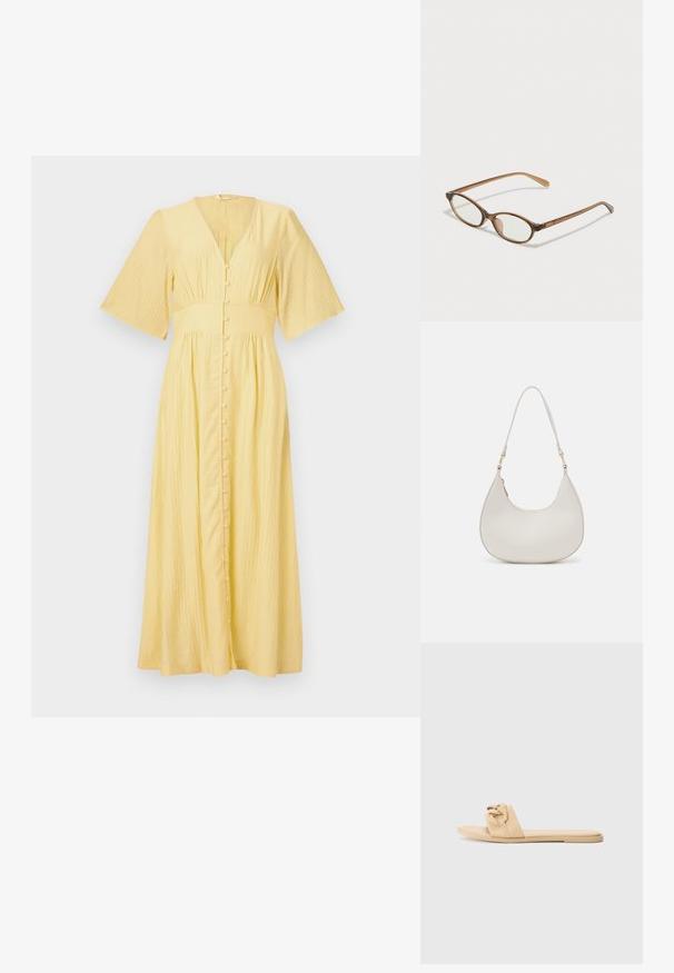 Žluté maxi šaty s výstřihem do V, krátkými zvonovými rukávy, předními knoflíky a texturovanou látkou. Volně splývají od pasu.; Nahé skluzné sandály vyrobené z hladkého syntetického materiálu, s uzlovým designem pásku a plochou podrážkou, bez viditelného hardwaru nebo akcentů.; Hnědé želvovinové brýle s oválnými skly, tenkými bočními nohami a průhlednými akcenty. Obsahují decentní logo na stranu. Elegantní, lehký design.; Krémová kožená kabelka přes rameno s půlkruhovým tvarem, tenkým popruhem a jemnými švy. Minimalistický design s akcenty ve zlatém tónu.