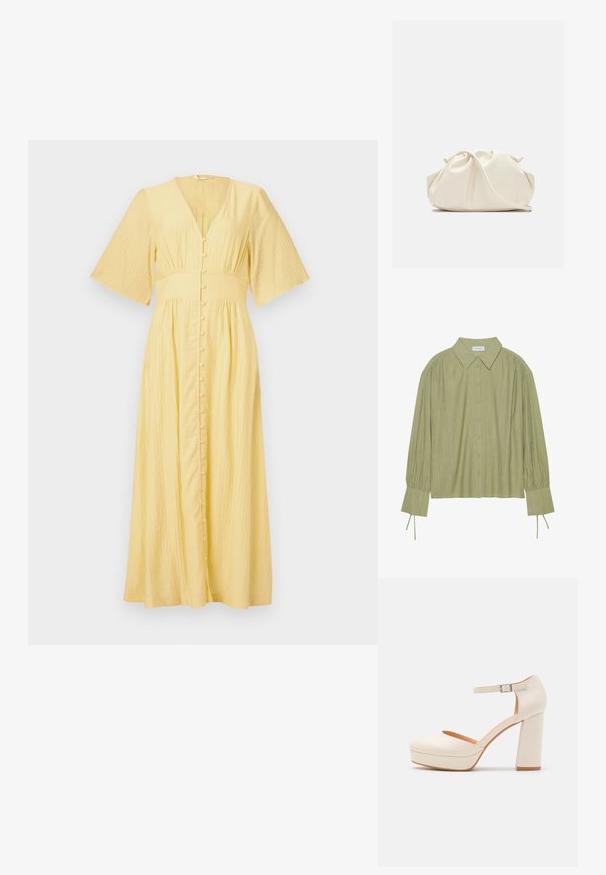 Gul maxi-kjole med V-hals, korte klokkesøms ermer, frontknapper og teksturert stoff. Strømmer løs fra midjen.; Lysegrønn langermet skjorte med knappelukking foran, krage, teksturert stoff og knytedetaljer ved mansjettene. Rett skjæring.; Kremfargede plattformhelter med rund tå og justerbar ankelreim. Har en kraftig blokkhæl med en lett tresaccent.; Cremefarget, myk kunstlærveske med samlet design, justerbar stropp og subtil snølås. Glatt tekstur og rund form.