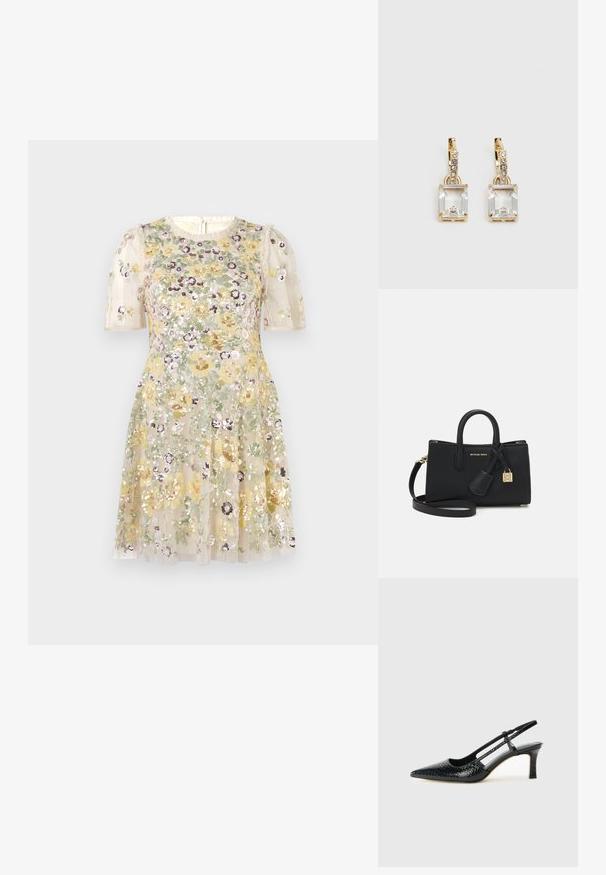 Needle & Thread ELINA ROSE SHORT SLEEVE MINI DRESS - Pidulikud riided - cream; Mustmust paelad, millel on terav varvas, tekstuuriga maduprindiga, reguleeritav rihm ja lühike tekstuuriga plokknina.; Must have mustarasti nahast kott, millel on struktureeritud disain, ülemised käepidemed ja eemaldatav õlarihm. Varustatud kuldsetest detailidest ja logo võlusid.; Kuldtooni kõrvarõngad, millel on ristkülikukujuline, selge kristall, mis ripub allapoole väikeste ümmarguste selgete aktsentide rida. Viimistletud, kaasaegne disain.