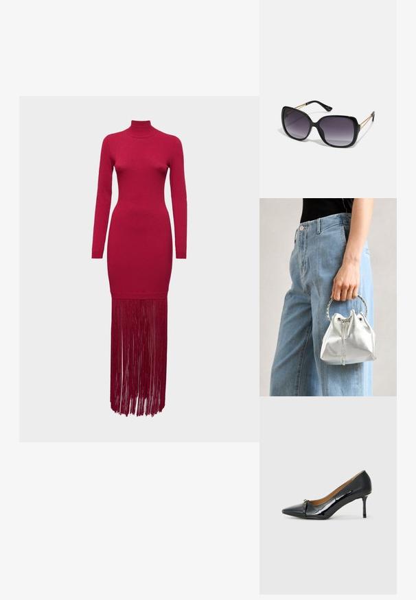 MOSCHINO ABITO - Îmbrăcăminte de ocazie - viola; Pantofii cu toc înalt din piele lacuită neagră, cu vârf ascuțit, detalii decorative cu curea în față și toc subțire tip stiletto.; Ochelari de soare negri, supradimensionați, cu lentile degradate, rame groase și detalii cu lanț de ton auriu pe brațele templului.; Geantă tip bucket metalică argintie, cu un finisaj texturat, decorată cu o mânere rotundă argintie și închidere cu șnur, ținută lângă blugi albaștri deschiși.