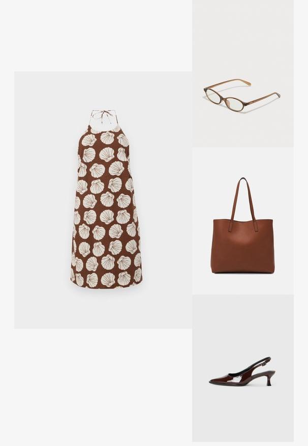 Vestido halter marrón con patrones de conchas blancas, hecho de un tejido texturizado. Cuenta con un cierre de cuello atado y un corte relajado.; Zapato slingback de charol marrón con punta afilada y tacón moderado. Cuenta con una correa con hebilla para un ajuste seguro. Textura suave.; Gafas de carey marrón con lentes ovalados, patas delgadas y acentos transparentes. Presenta un sutil logo en la varilla. Diseño elegante y ligero.; Bolso tote de cuero marrón con una textura suave, diseño de apertura superior y dos correas para el hombro. Presenta una costura mínima y sin herrajes visibles.