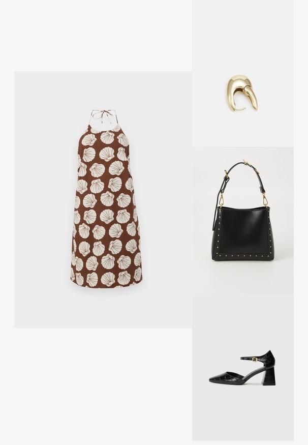 Barna nyakpántos ruha fehér kagyló mintákkal, texturált anyagból készült. Kötőnyakú záródással és laza szabással rendelkezik.; Fekete lakkbőr magassarkú cipő hegyes orral, bokapánttal és texturált krokodilmintával. Négyzet alakú blokk sarok kialakítás.; Fekete bőrtáska jól definiált formával, arany szegecsekkel a széleken és levehető pánttal, arany kiegészítőkkel.; Aranyszínű fém fülbevaló, elegáns, ívelt formával. Különleges hegyes alak, fényes felszín és zsanéros záródás jellemzi.