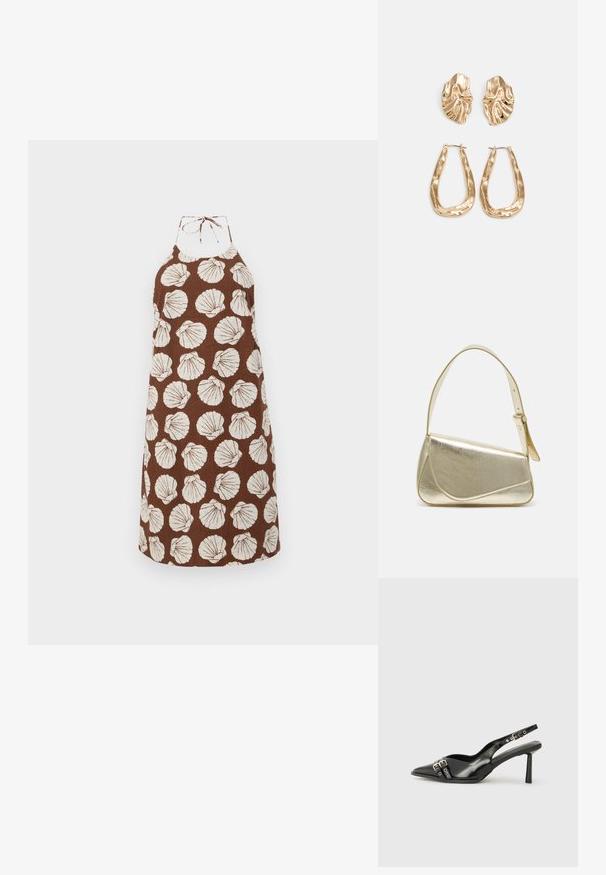 Smeđa halter haljina s bijelim uzorcima školjki, izrađena od teksturirane tkanine. Ima vezanje oko vrata i opušten kroj.; Crna lakirana slingback cipela s izduženim vrhom, remenčićima oko gležnja s srebrnim kopčama i dijelovima, te vitkim potplatom.; Zlatna metalna torba s uređenim dizajnom, glatkom teksturom i podesivim remenom. Ima jedinstven trokutasti oblik i minimalističko šivanje.; Naušnice zlatne boje s teksturiranim, valovitim oblicima. Uključuju skulpturalne kopče i dizajn otvorene kružnice s kovanom završnom obradom.