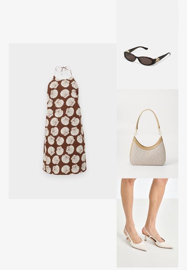 Bordeaux halterjurk met witte schelpafdrukken, gemaakt van textuurstof. Heeft een sluiting met een strik rond de hals en een relaxte pasvorm.; Beige gepatineerde leren slingback hakken met een spitze neus en een hak van 5 cm, met uitsparingen aan de zijkanten en een dunne enkelband.; Schildpadbril met langwerpige ovale lenzen, bruine tint, gouden logo-accenten op de pootjes en slanke zwarte armen.; Beige handtas met een patroon en een gebogen vorm, leren accenten en een goudkleurig logo aan de voorkant. Beschikt over een kort handvat voor gemakkelijk dragen.; Parel- en kristallen ketting met een ronde, gehaakte ontwerp in lichte tinten, met afwisselend parels en sprankelende accenten, gedragen om de hals.