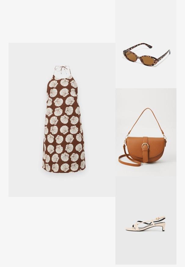 Rochie halter maro cu modele de scoică albă, realizată dintr-un material texturat. Are un sistem de închidere cu fundă la gât și o croială lejeră.; Sandale slingback din piele bej, cu bretele încrucișate, toc jos și accente negre. Textură netedă și design minimal.; Ochelari de soare cu mâneri tortoise, cu lentile ovale, cu nuanță maro, brațe subțiri ce au un model texturat, cadru din plastic ușor.; Geantă din piele maro, tip crossbody, cu o formă curbată, accesorii aurii și un accent cu cataramă. Dispune de un curea de umăr detașabilă.