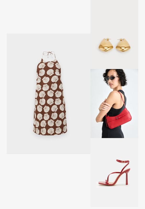 Bordeaux halterjurk met witte schelpafdrukken, gemaakt van textuurstof. Heeft een sluiting met een strik rond de hals en een relaxte pasvorm.; ALDO SCINTILLA - Sandalen met hoge hak - red; Rode leren schoudertas met een gladde textuur, gebogen ontwerp en een decoratieve sluiting. Verstelbare schouderband en ritssluiting.; Goudkleurige metalen oorbellen met een glad, afgerond driehoekig ontwerp en een post-back sluiting; reflecterend oppervlak met minimale details.