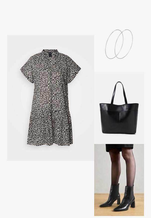 Kombinacija kratkih rukava, haljina do koljena izrađena od lagane tkanine, koja sadrži crno-bež uzorak leoparda i višeslojni volan na rubu.; Crne kožne gležnjače s šiljastim vrhom, robusnim četvrtastim potplatom i elegantnim dizajnom. Imaju elastične bočne panele za jednostavno oblačenje.; Crna kožna torba s dugim ručkama, glatkom teksturom i strukturiranim oblikom. Ima prednju džep za dodatno pohranu.; Srebrne okrugle naušnice s minimalističkim dizajnom. Kružni oblik, glatka tekstura i tanak profil. Lagane s poliranim završetkom.