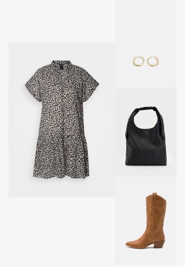 Vestido de manga curta, até ao joelho, em tecido leve, com estampa de leopardo preto e bege e uma bainha com babados em camadas.; Bota de cowboy em couro cáqui com bico pontiagudo, padrões de bordado em espiral no cano e um salto em bloco empilhado. Inclui uma alça para fácil calçar.; Saco hobo de couro preto com uma única alça suave e arredondada; apresenta uma textura suave e um design minimalista. Sem hardware ou acabamentos visíveis.; Brincos de argola dourados com um formato irregular e texturizado. Apresentam um fecho sem emenda e um acabamento polido, destacando um design moderno.