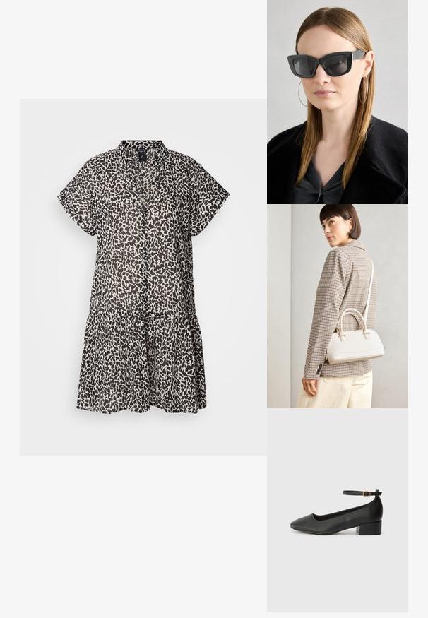 Vestido de manga curta, até ao joelho, em tecido leve, com estampa de leopardo preto e bege e uma bainha com babados em camadas.; Sandal de pele preta com bico pontiagudo e um salto bloco baixo. Apresenta uma tira no tornozelo com uma fivela em tom dourado. Textura suave.; Óculos de sol pretos em formato de gato com lentes escuras, armações grossas e acentos subtis. Usados com um casaco preto e uma blusa cinza, apresentando cabelo longo e liso.; Bolsa estruturada branca com alças curtas e uma alça de ombro, com detalhes em hardware dourado e material texturizado, exibida contra um fundo cinza.