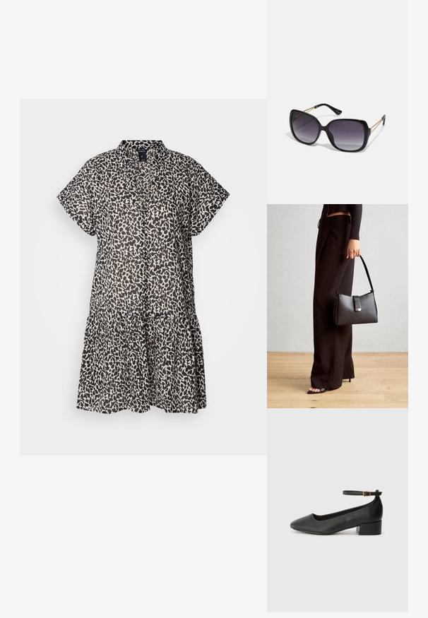 Kombinacija kratkih rukava, haljina do koljena izrađena od lagane tkanine, koja sadrži crno-bež uzorak leoparda i višeslojni volan na rubu.; Crne kožne pumpe s oštrim vrhom i niskom blok petom. Sadrže remen oko gležnja s zlatnim kopčanjem. Glatka tekstura.; Crne prevelike sunčane naočale s gradijentnim lećama, debelim okvirom i zlatnim lancem kao detaljem na krakovima.; Crna torba s oblikom koji sadrži strukturu, glađu teksturu i metalnu kopču. Uparena s širokim crnim hlačama i sandalama na otvorenom s drvenog poda.