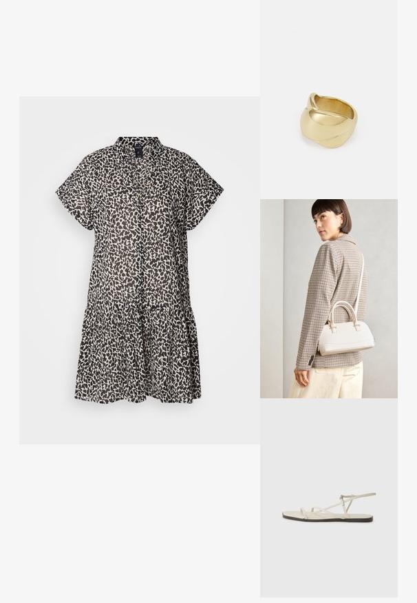 Kortsleavet, knelengde kjole i lett stoff, med svart og beige leopardmønster og en lagdelt volangkant.; Beige flate sandal med flere slanke stropper og en justerbar spenne. Sålen er flat med en svak mørk kontrast langs kanten.; Hvit strukturert håndveske med korte håndtak og skulderreim, med detaljer i gullfinish og teksturert materiale, vist mot en grå bakgrunn.; Gullfarget ring med en glatt, vridd design. Har en polert overflate og avrundede kanter, som skaper en sømløs, flytende form.