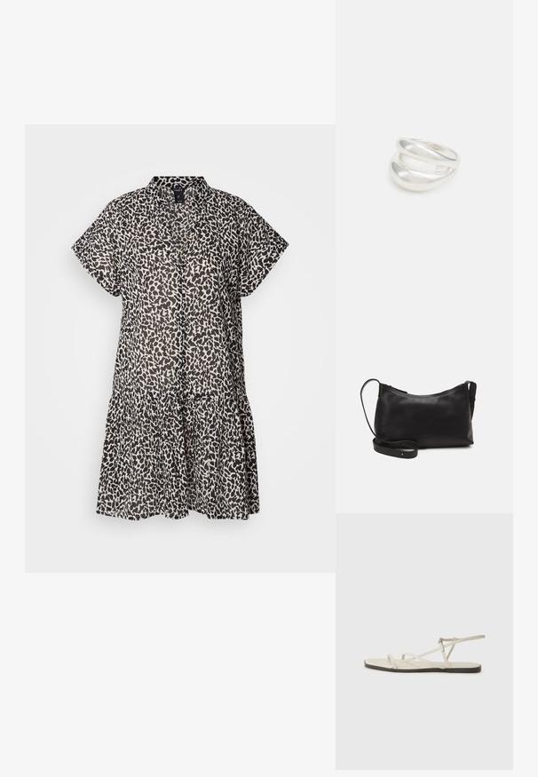 Lühikeste varrukatega, põlveni ulatuv kleit kergest kangast, millel on must ja beež leopardimuster ning kihiline volangiga äär.; Bežid lame sandaal, millel on mitu peenikest rihma ja reguleeritav pandla. Tallal on lame pind, mille ääres on kerge tumedam kontrast.; Mustmust nahk õlakotil on sile tekstuur, kumer kuju, reguleeritav rihm ja lukuga sulgemine. Minimalistlik disain ilma kaunistusteta.; Hõbedane kahekordne rõngas sujuva, poleeritud pinnaga. Omab voolavat, kõverat disaini, millel on kattuvad sektsioonid, et saavutada kaasaegne ilme.