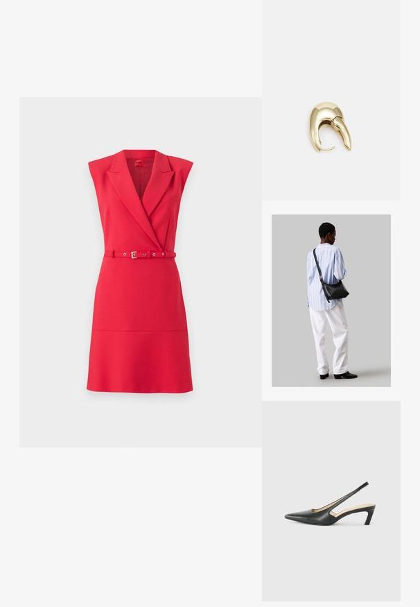 Raudona be rankovių suknelė su pritaikytu dizainu, V formos iškirpte, apvyniojimo priekyje ir derančiu diržu. Pagaminta iš glotnaus audinio su subtiliu blizgesiu.; Juodas smailus slingback batelis su žemu kulnu, pagamintas iš lygaus odos paviršiaus ir su išpjovomis šone, užtikrinančiomis oro pralaidumą.; Juodas odinis petinis krepšys su minkšta tekstūra, trikampiu pavidalu ir reguliuojama juosta, derinamas su šviesiai mėlynu dryžuotu marškinėliu ir baltais džinsais.; Aukso tono metalinės auskarai su stilingu, kreiviu dizainu. Išsiskiria ryškiu smailiu pavidalu, poliruota paviršiumi ir užsegimu su vyriu.