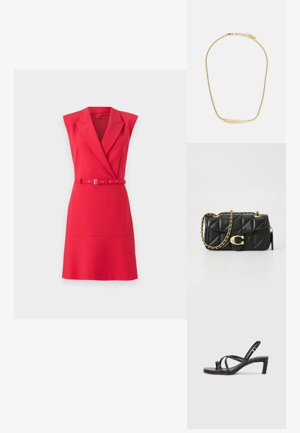 Rochie roșie fără mâneci, cu un design adaptat, decolteu în V, cu față înfășurată și o curea asortată. Confecționată dintr-un material neted cu o strălucire subtilă.; Sandal cu barete negre, cu vârf pătrat și toc mic de bloc. Prezintă mai multe barete subțiri și o bareta ajustabilă la gleznă. Fabricat din piele netedă.; Poșeta neagră din piele matlasată cu o curea din lanț auriu și un închizător cu toggle care are un accent circular. Formă compactă și rectangulară.; Colier placat cu aur, cu un accent central neted și curbat. Dispune de o chaină flexibilă cu un închizător tip homar și link-uri suplimentare ajustabile.
