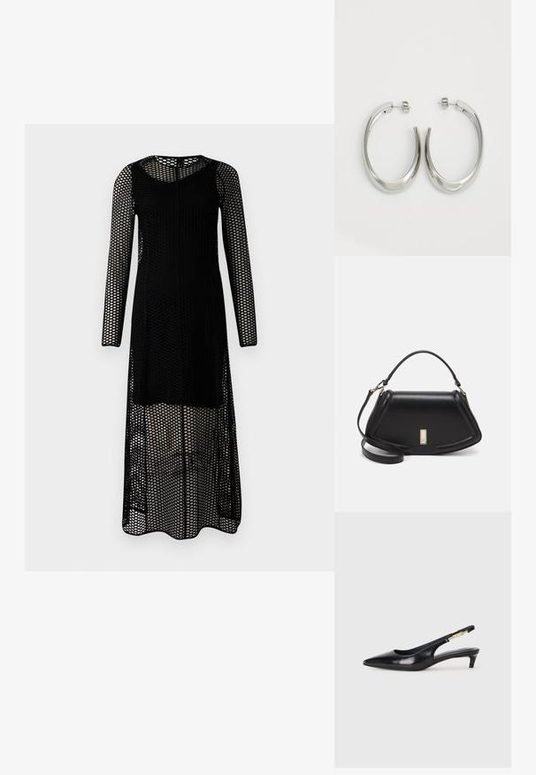 Zwarte lange mouw jurk van mesh stof met een perforatiedesign. Bevat een ronde halslijn en een rechte silhoeet.; Zwarte leren slingback hakken met een spitse neus, voorzien van een slanke hak en een goudkleurige accent op de verstelbare band. Gladde textuur.; Zwarte leren handtas met een gestructureerd ontwerp, featuring een verkorte vorm, bovenhandvat en gouden hardwareaccent. Inclusief verstelbare schouderband.; Zilveren oorringen met een gladde, gebogen vorm. Voorzien van een glanzende metallic afwerking en studsluiting. Geen zichtbare patronen of accenten.