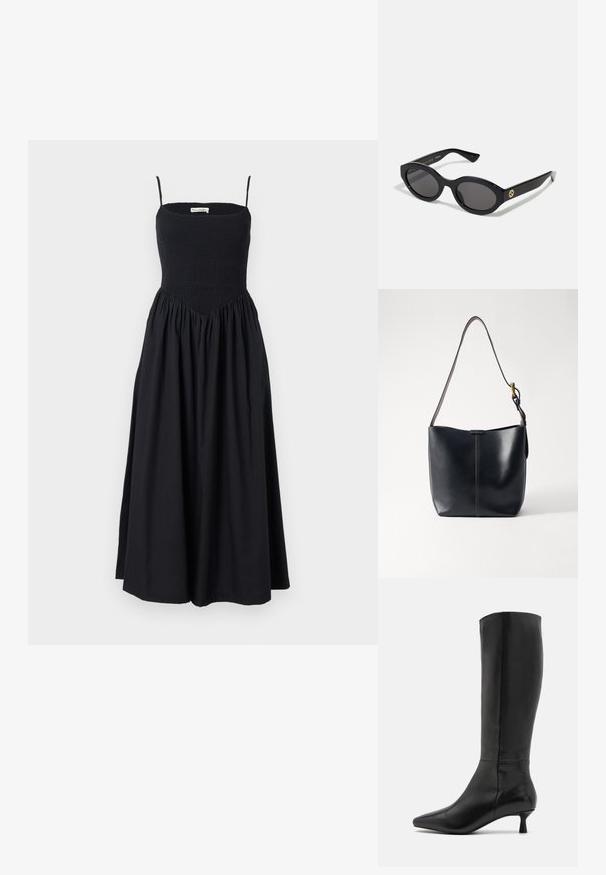 Sort midi kjole med tynde stropper, smocket buste og en svævende nederdel. Lavet af letvægtsstof med en glat overflade.; Zign Høje støvler/ Støvler - black; Sorte ovale solbriller med mørke linser og blank plastramme. Har et guldlogo på stykket, hvilket giver et slankt og moderne design.; Sort læder skuldertaske med en glat overflade, der har en tynd, lang rem og en subtil syet detalje ned langs midten.
