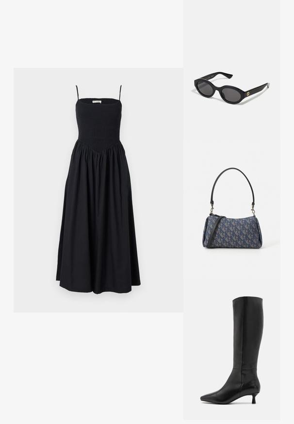 Črna midi obleka z tankimi naramnicami, smockanim bodicem in sproščenim krilom. Narejena iz lahkotnega materiala z gladko teksturo.; Zign Škornji - black; Črne ovalne sončna očala s temnimi lečami in sijočim plastičnim okvirjem. Imajo zlat logo na robu, kar ponuja eleganten in sodoben oblikovalski pristop.; Modra torbica s vzorom iz blaga, ki ima ukrivljeno obliko, črn usnjen trak in logotip v svetlejši odtenek.