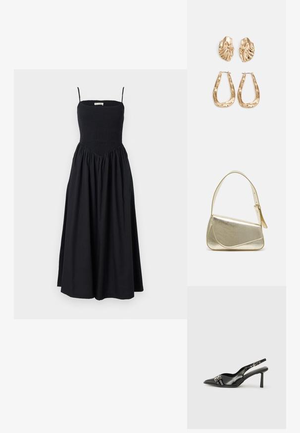 Crna midi haljina s tankim naramenicama, nabrano tijelo i lepršava suknja. Izrađena od laganog materijala s glatkom teksturom.; Crna lakirana slingback cipela s izduženim vrhom, remenčićima oko gležnja s srebrnim kopčama i dijelovima, te vitkim potplatom.; Zlatna metalna torba s uređenim dizajnom, glatkom teksturom i podesivim remenom. Ima jedinstven trokutasti oblik i minimalističko šivanje.; Naušnice zlatne boje s teksturiranim, valovitim oblicima. Uključuju skulpturalne kopče i dizajn otvorene kružnice s kovanom završnom obradom.