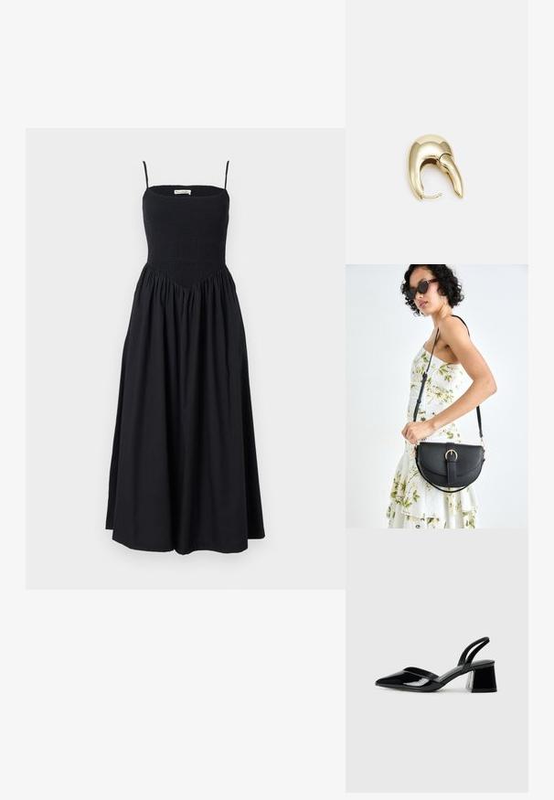 Schwarzes, midi-langes Kleid mit dünnen Trägern, gerafftem Oberteil und fließendem Rock. Hergestellt aus leichtem Stoff mit glatter Textur.; Schwarze Lackleder-Slingback-High Heels mit spitzem Schuh und einem geometrischen Blockabsatz. Verfügt über ein schlankes, minimalistisches Design und eine glatte Textur.; Schwarze Lederhandtasche mit geschwungener Form, abnehmbarem Tragegurt und goldenen Beschlägen. Die Tasche verfügt über einen Deckel mit einer Schnallen-Details.; Ohrringe aus goldfarbenem Metall mit einem schlanken, geschwungenen Design. Sie verfügen über eine markante, spitze Form, eine polierte Oberfläche und einen Scharnierverschluss.